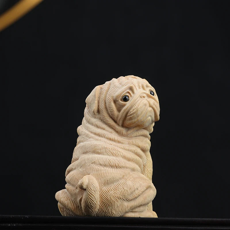 Boxwood 6cm Pug Dog Sculpture Wood Carving Puppy Animal Statue Lucky Dog Home Decor