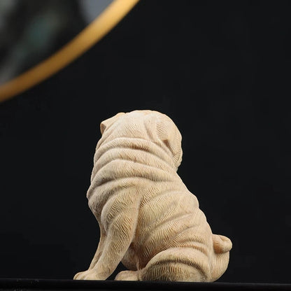 Boxwood 6cm Pug Dog Sculpture Wood Carving Puppy Animal Statue Lucky Dog Home Decor