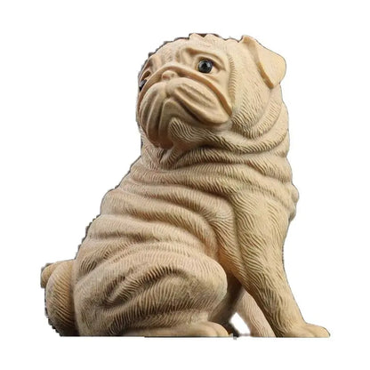 Boxwood 6cm Pug Dog Sculpture Wood Carving Puppy Animal Statue Lucky Dog Home Decor