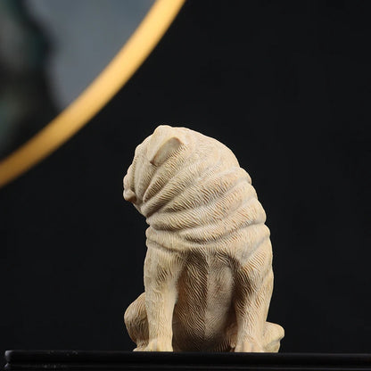 Boxwood 6cm Pug Dog Sculpture Wood Carving Puppy Animal Statue Lucky Dog Home Decor