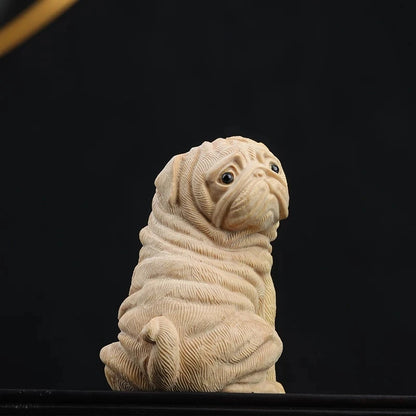 Boxwood 6cm Pug Dog Sculpture Wood Carving Puppy Animal Statue Lucky Dog Home Decor