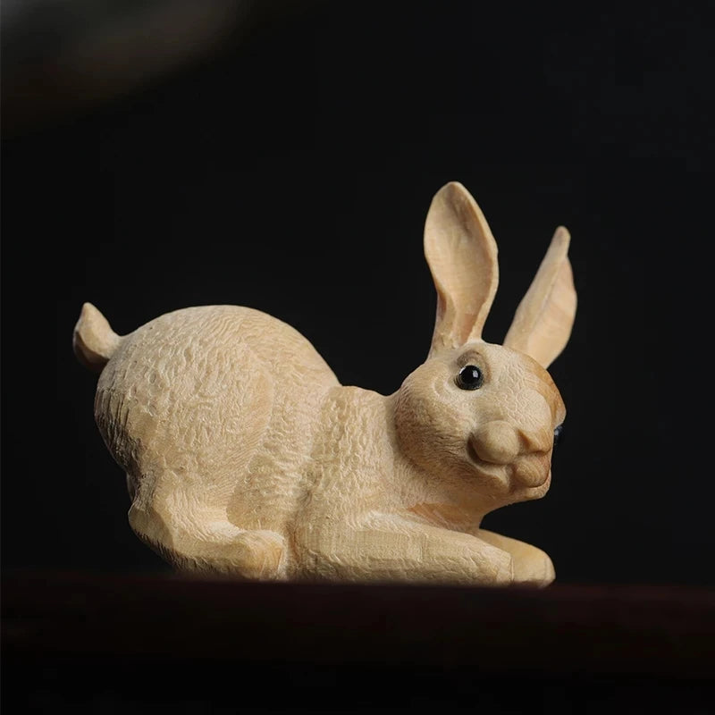 Boxwood 6cm Rabbit Sculpture Lucky Animal Wood Statue Cute Hare Home Decor
