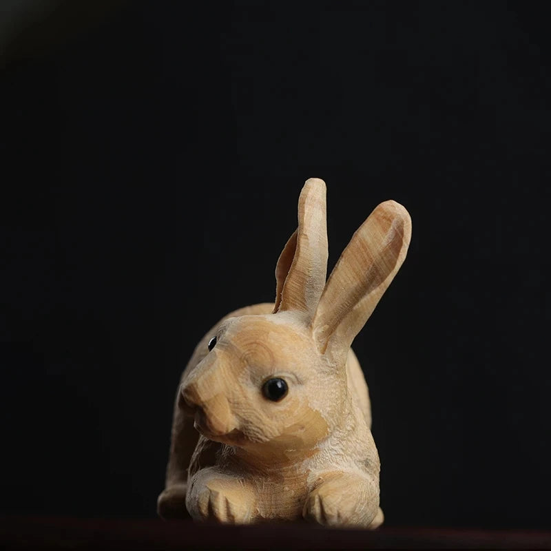 Boxwood 6cm Rabbit Sculpture Lucky Animal Wood Statue Cute Hare Home Decor