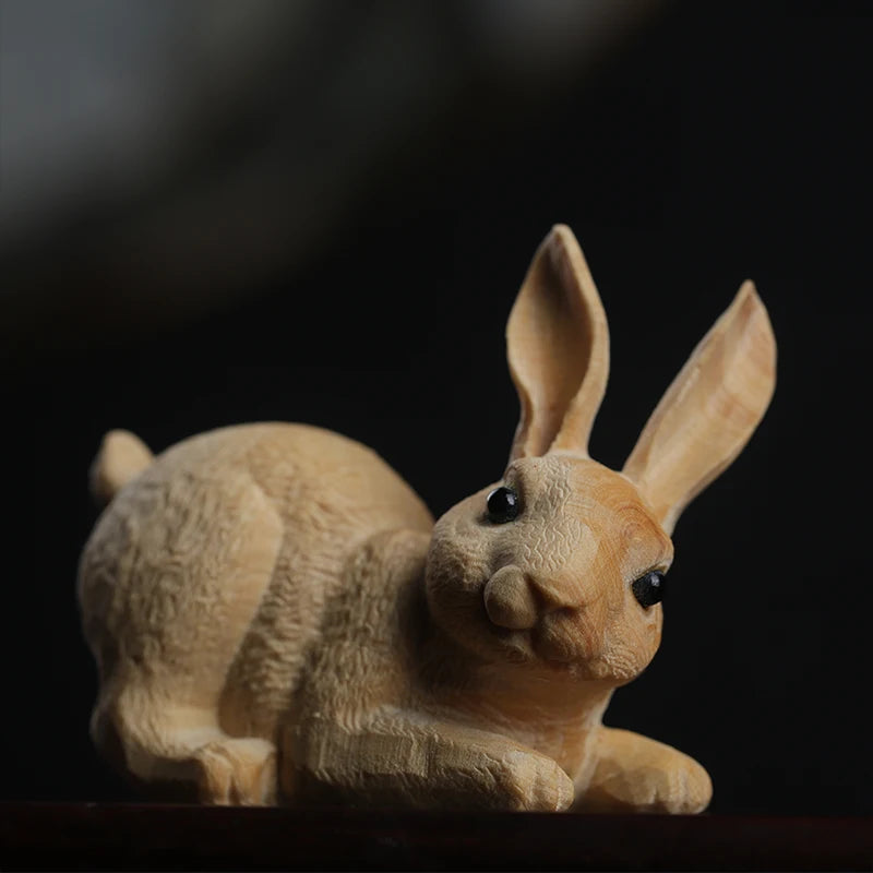 Boxwood 6cm Rabbit Sculpture Lucky Animal Wood Statue Cute Hare Home Decor