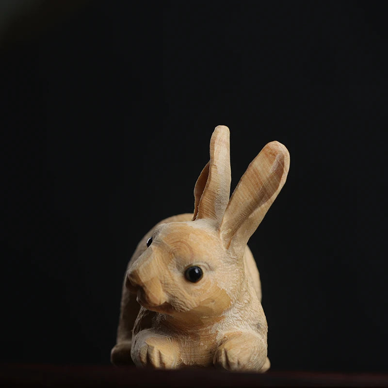 Boxwood 6cm Rabbit Sculpture Lucky Animal Wood Statue Cute Hare Home Decor