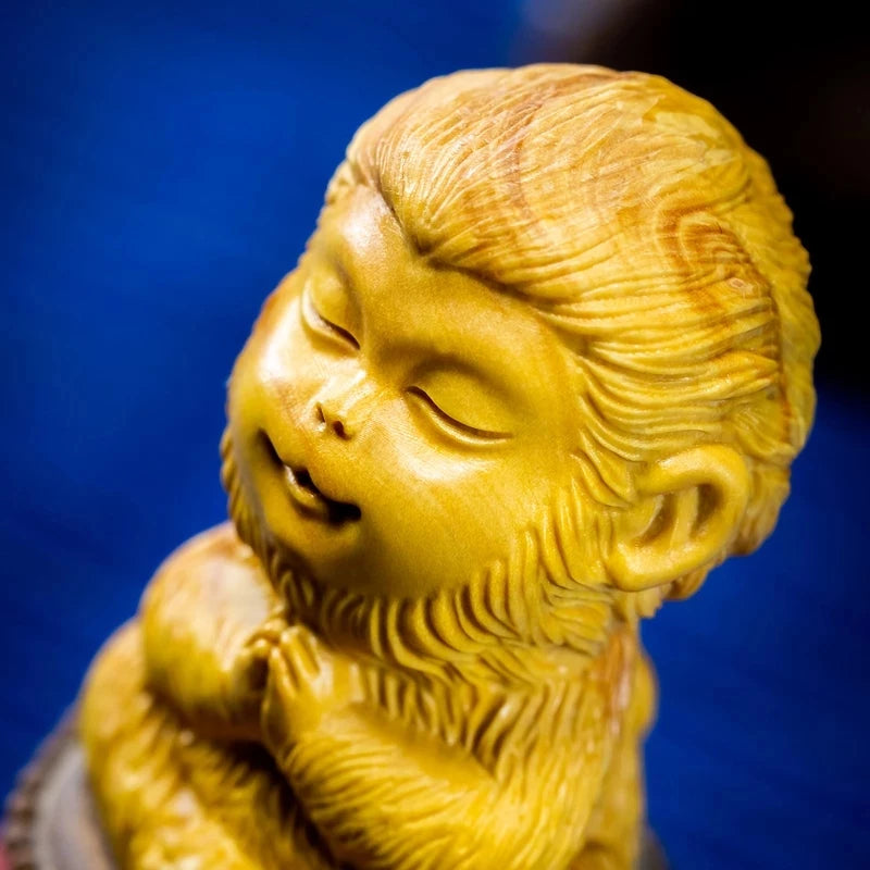 Boxwood 6cm Sun Wukong Sculpture Animal Carving Little Monkey King Meditation Wood Buddha Statue Home Decor