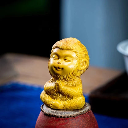 Boxwood 6cm Sun Wukong Sculpture Animal Carving Little Monkey King Meditation Wood Buddha Statue Home Decor