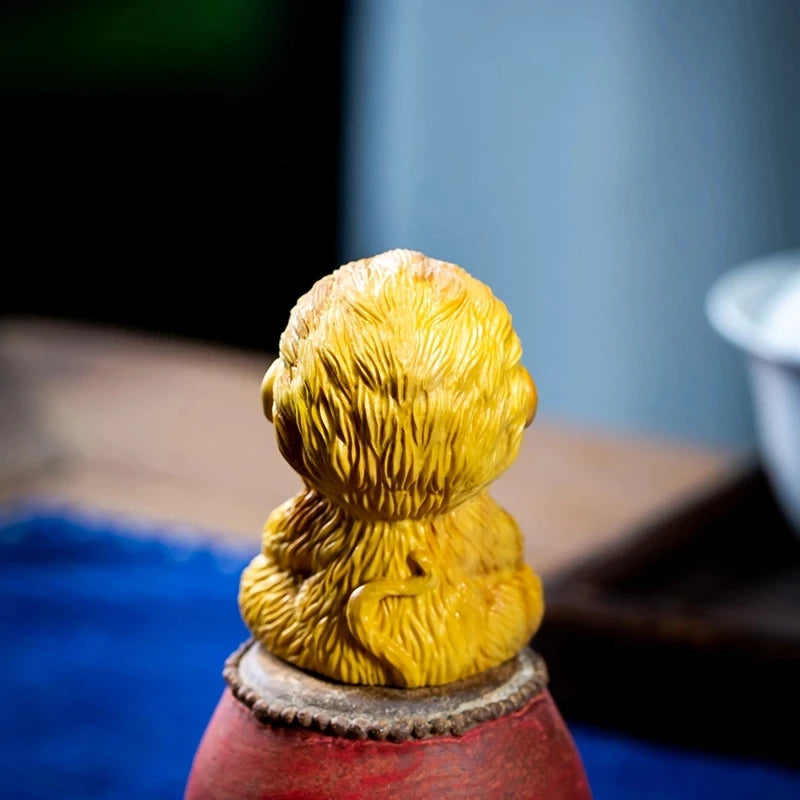 Boxwood 6cm Sun Wukong Sculpture Animal Carving Little Monkey King Meditation Wood Buddha Statue Home Decor