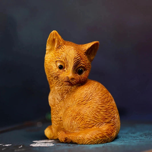 Boxwood 7CM Cat Wood Animal Statue Lucky Little Kitten Home Decoration