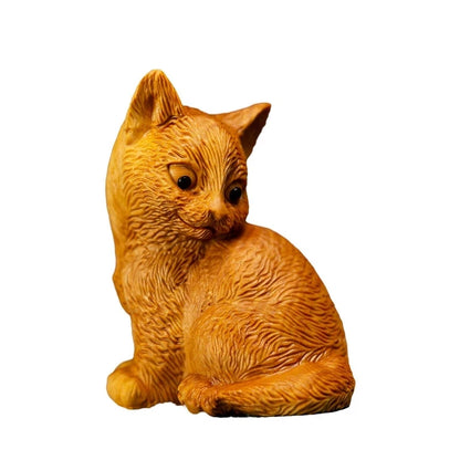 Boxwood 7CM Cat Wood Animal Statue Lucky Little Kitten Home Decoration