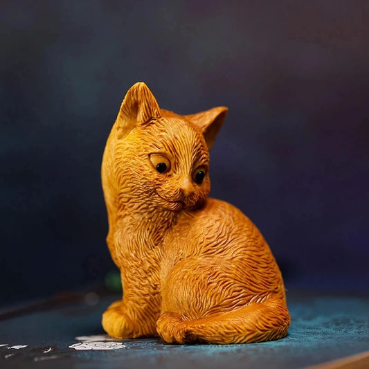Boxwood 7CM Cat Wood Animal Statue Lucky Little Kitten Home Decoration