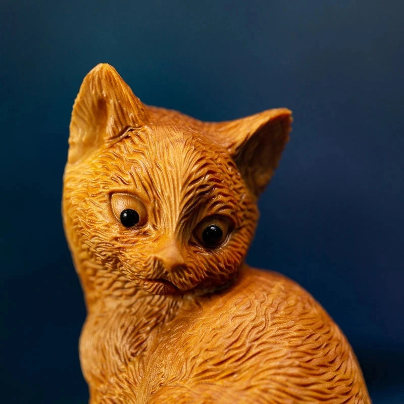 Boxwood 7CM Cat Wood Animal Statue Lucky Little Kitten Home Decoration