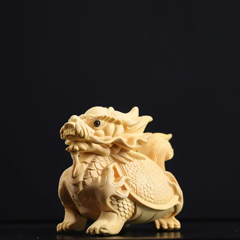 Boxwood 7CM Dragon Turtle Solid Wood Carving Feng Shui Animal Wood Statue Chinese Dragon Sculpture Home Decor