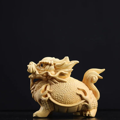 Boxwood 7CM Dragon Turtle Solid Wood Carving Feng Shui Animal Wood Statue Chinese Dragon Sculpture Home Decor