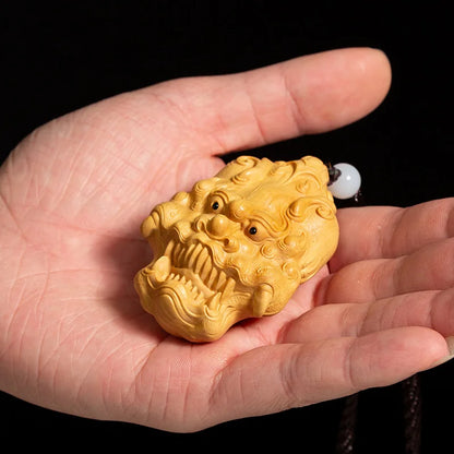 Boxwood 7CM God Mask Pendant Wealth Wood Carving Feng Shui Wood Buddha Statue Chinese Sculpture Home Decor