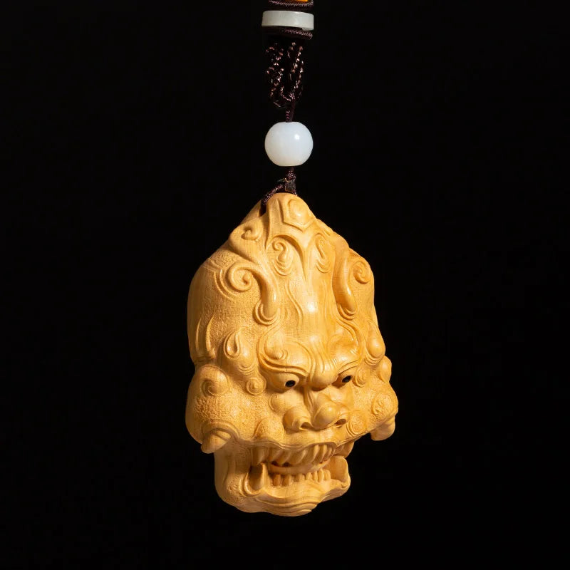 Boxwood 7CM God Mask Pendant Wealth Wood Carving Feng Shui Wood Buddha Statue Chinese Sculpture Home Decor