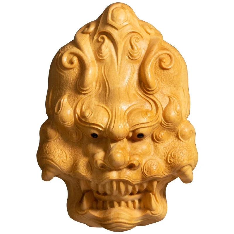 Boxwood 7CM God Mask Pendant Wealth Wood Carving Feng Shui Wood Buddha Statue Chinese Sculpture Home Decor