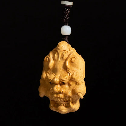 Boxwood 7CM God Mask Pendant Wealth Wood Carving Feng Shui Wood Buddha Statue Chinese Sculpture Home Decor
