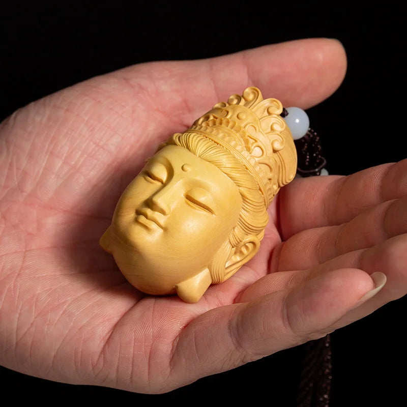 Boxwood 7CM Guanyin Head Pendant Solid Wood Carving Feng Shui Buddha Statue Chinese Wealth Sculpture Guan Yin Home Decor
