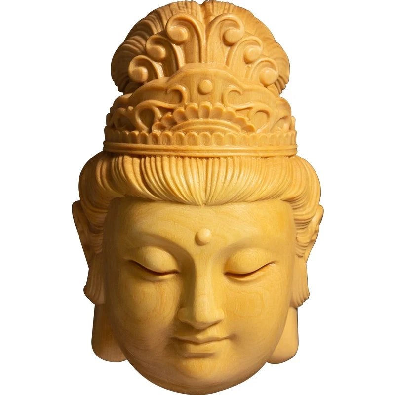 Boxwood 7CM Guanyin Head Pendant Solid Wood Carving Feng Shui Buddha Statue Chinese Wealth Sculpture Guan Yin Home Decor