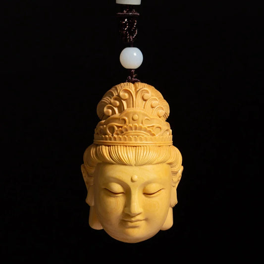 Boxwood 7CM Guanyin Head Pendant Solid Wood Carving Feng Shui Buddha Statue Chinese Wealth Sculpture Guan Yin Home Decor