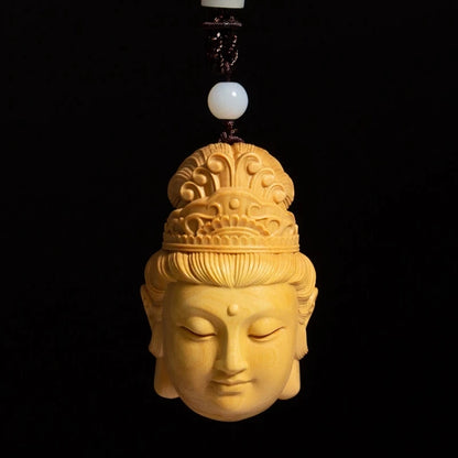 Boxwood 7CM Guanyin Head Pendant Solid Wood Carving Feng Shui Buddha Statue Chinese Wealth Sculpture Guan Yin Home Decor