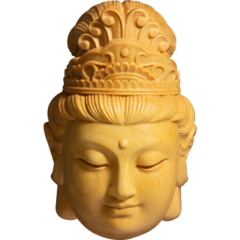 Boxwood 7CM Guanyin Head Pendant Solid Wood Carving Feng Shui Buddha Statue Chinese Wealth Sculpture Guan Yin Home Decor