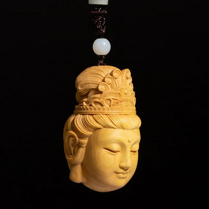 Boxwood 7CM Guanyin Head Pendant Solid Wood Carving Feng Shui Buddha Statue Chinese Wealth Sculpture Guan Yin Home Decor
