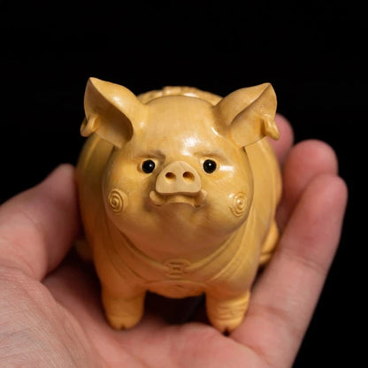 Boxwood 7CM Lucky Pig Feng Shui Cute Piggy Zodiac Animal Sculpture Mascot Wood Statue Home Decor Car Decoration Accessories