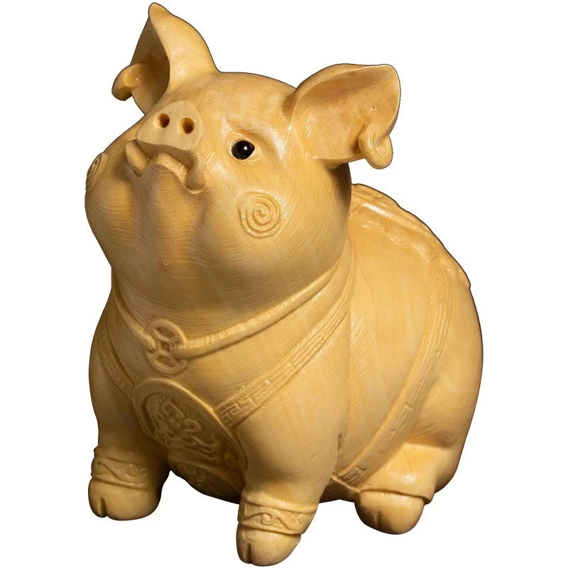 Boxwood 7CM Lucky Pig Feng Shui Cute Piggy Zodiac Animal Sculpture Mascot Wood Statue Home Decor Car Decoration Accessories