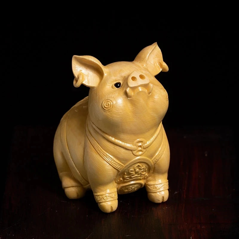 Boxwood 7CM Lucky Pig Feng Shui Cute Piggy Zodiac Animal Sculpture Mascot Wood Statue Home Decor Car Decoration Accessories
