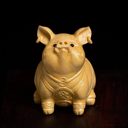 Boxwood 7CM Lucky Pig Feng Shui Cute Piggy Zodiac Animal Sculpture Mascot Wood Statue Home Decor Car Decoration Accessories