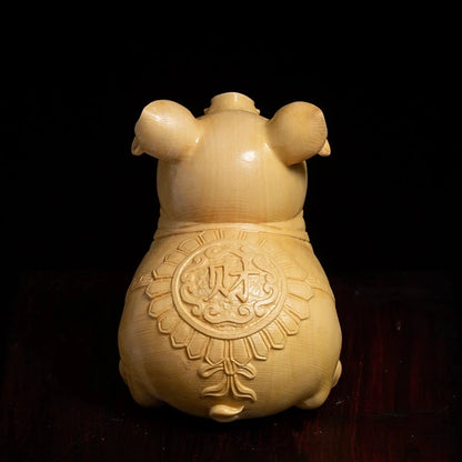 Boxwood 7CM Lucky Pig Feng Shui Cute Piggy Zodiac Animal Sculpture Mascot Wood Statue Home Decor Car Decoration Accessories