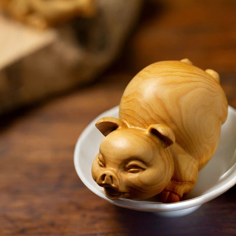 Boxwood 7CM Pig Sculpture Animal Lucky Wood Statue Chinese Zodiac Piggy Home Decor