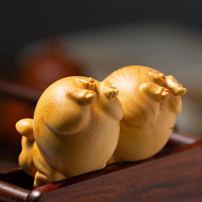 Boxwood 7CM Pig Sculpture Animal Lucky Wood Statue Chinese Zodiac Piggy Home Decor
