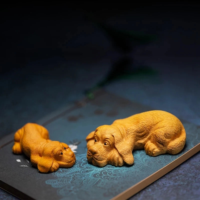 Boxwood 7cm 9cm Dog Sculpture Chinese Zodiac Animal Cute Puppy Wood Statue Home Decor