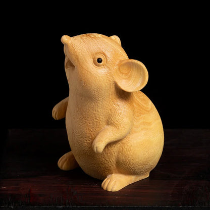 Boxwood 7cm 9cm Mouse Sculpture Wood Carving Chinese Zodiac Rat Animal Statue Home Decor