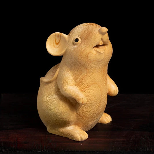 Boxwood 7cm 9cm Mouse Sculpture Wood Carving Chinese Zodiac Rat Animal Statue Home Decor