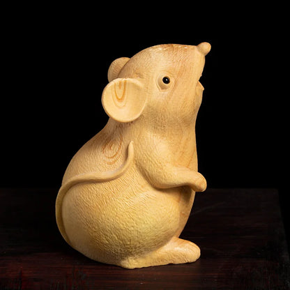 Boxwood 7cm 9cm Mouse Sculpture Wood Carving Chinese Zodiac Rat Animal Statue Home Decor
