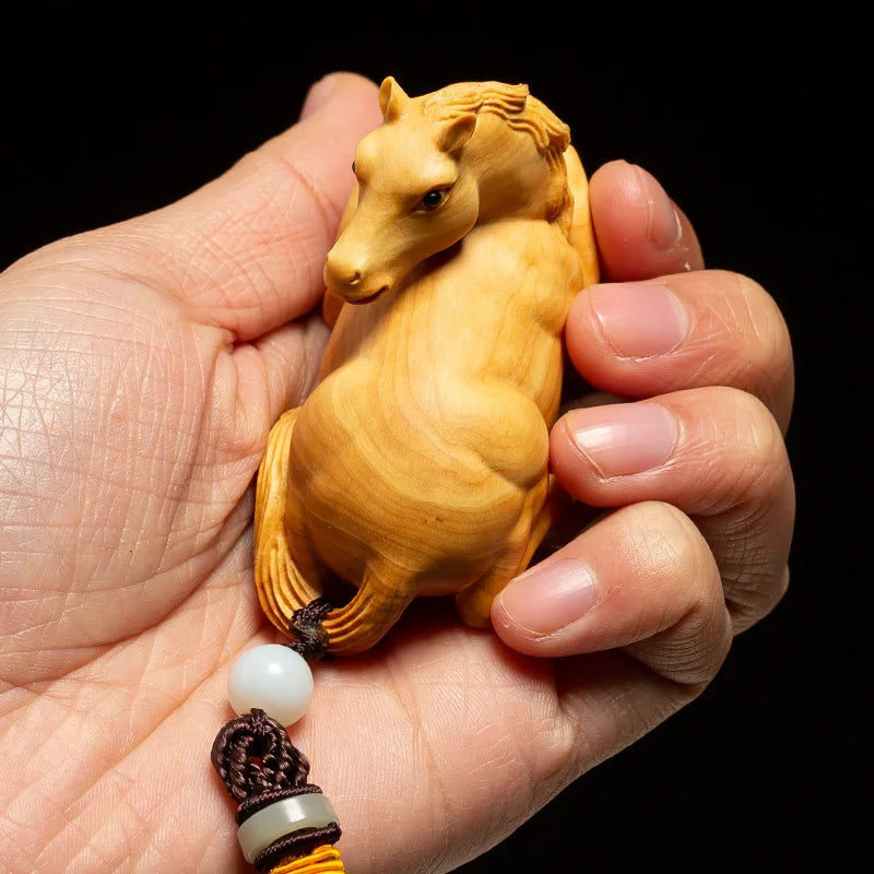 Boxwood 7cm Horse Sculpture Wood Carving Chinese Zodiac Statue Lucky Pendant Home Decor