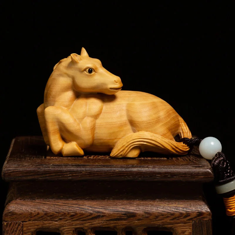 Boxwood 7cm Horse Sculpture Wood Carving Chinese Zodiac Statue Lucky Pendant Home Decor