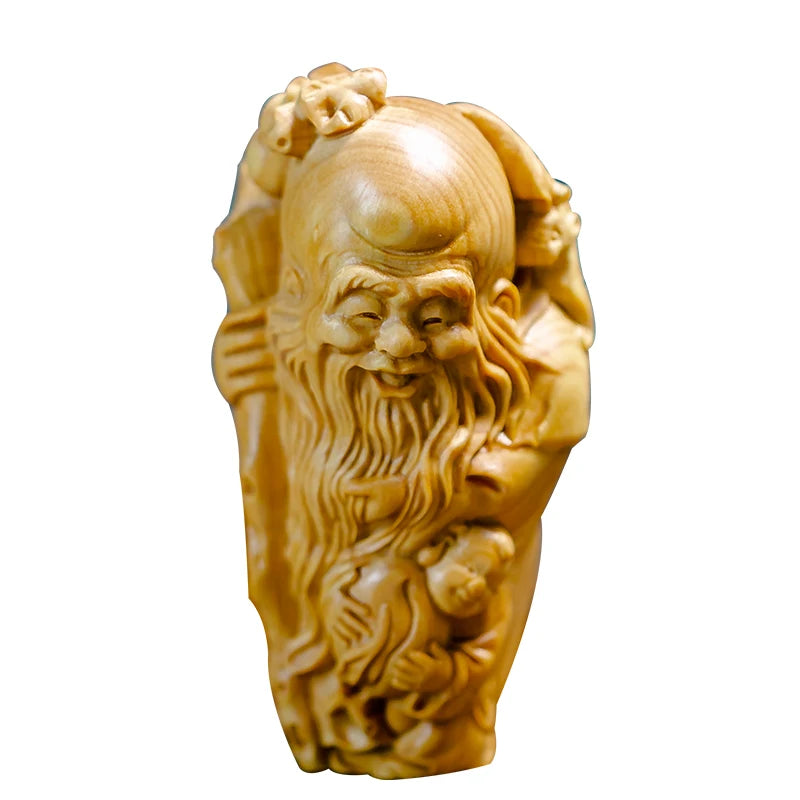 Boxwood 7cm Longevity God Sculpture Wood Carving Buddha Statue Three Stars Home Decor