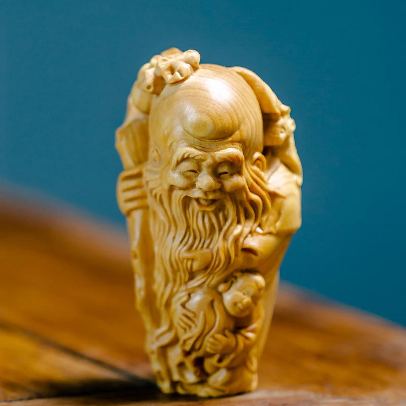 Boxwood 7cm Longevity God Sculpture Wood Carving Buddha Statue Three Stars Home Decor