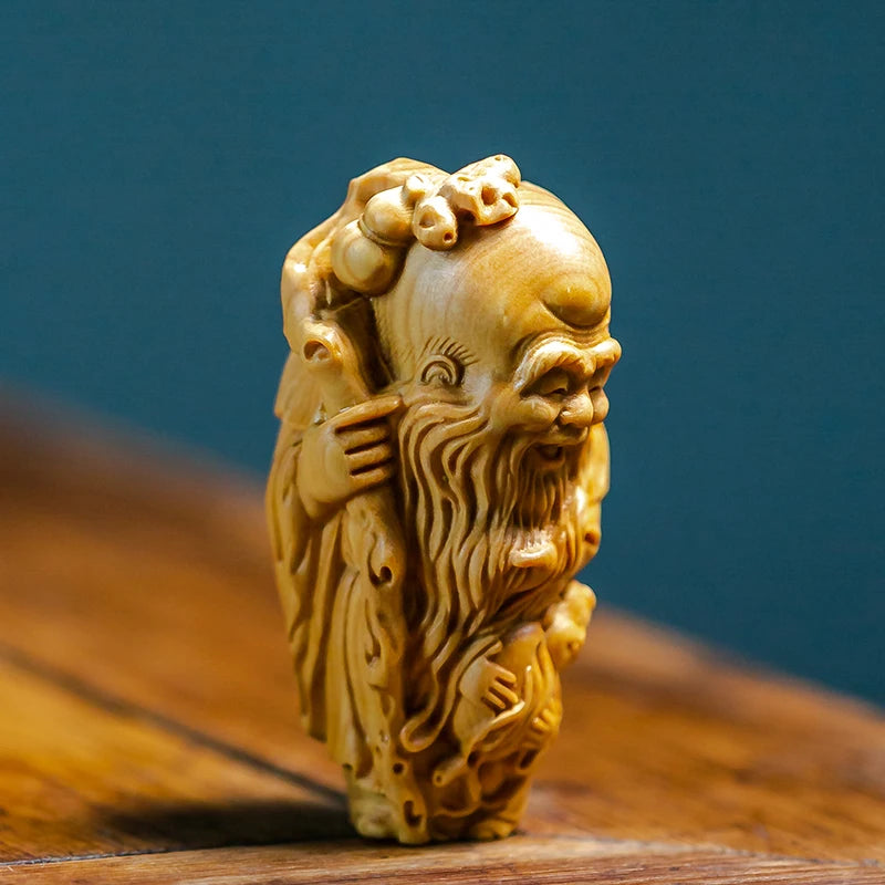 Boxwood 7cm Longevity God Sculpture Wood Carving Buddha Statue Three Stars Home Decor
