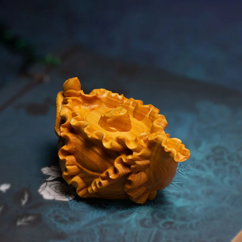 Boxwood 7cm Lotus Leaf Tea Pot Sculpture Wood Carving Vegetable Statue Lucky Home Decor