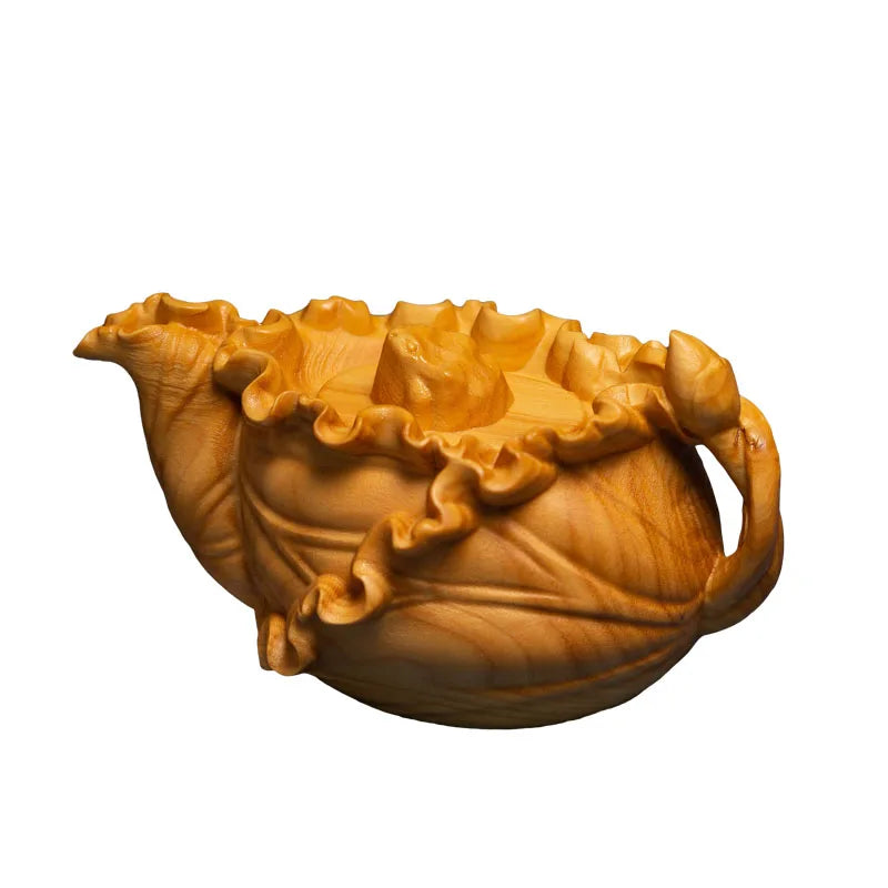 Boxwood 7cm Lotus Leaf Tea Pot Sculpture Wood Carving Vegetable Statue Lucky Home Decor