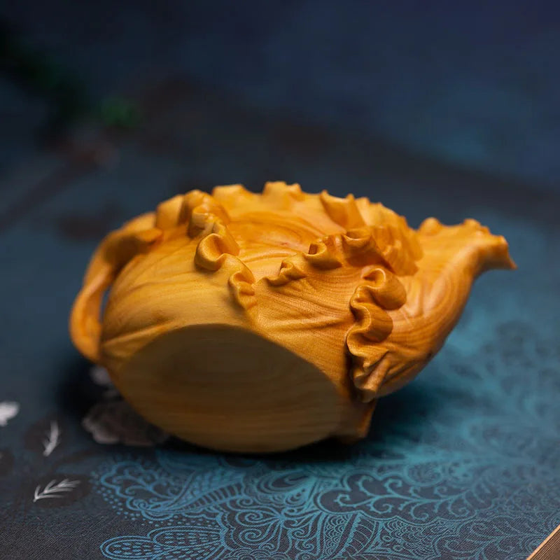 Boxwood 7cm Lotus Leaf Tea Pot Sculpture Wood Carving Vegetable Statue Lucky Home Decor