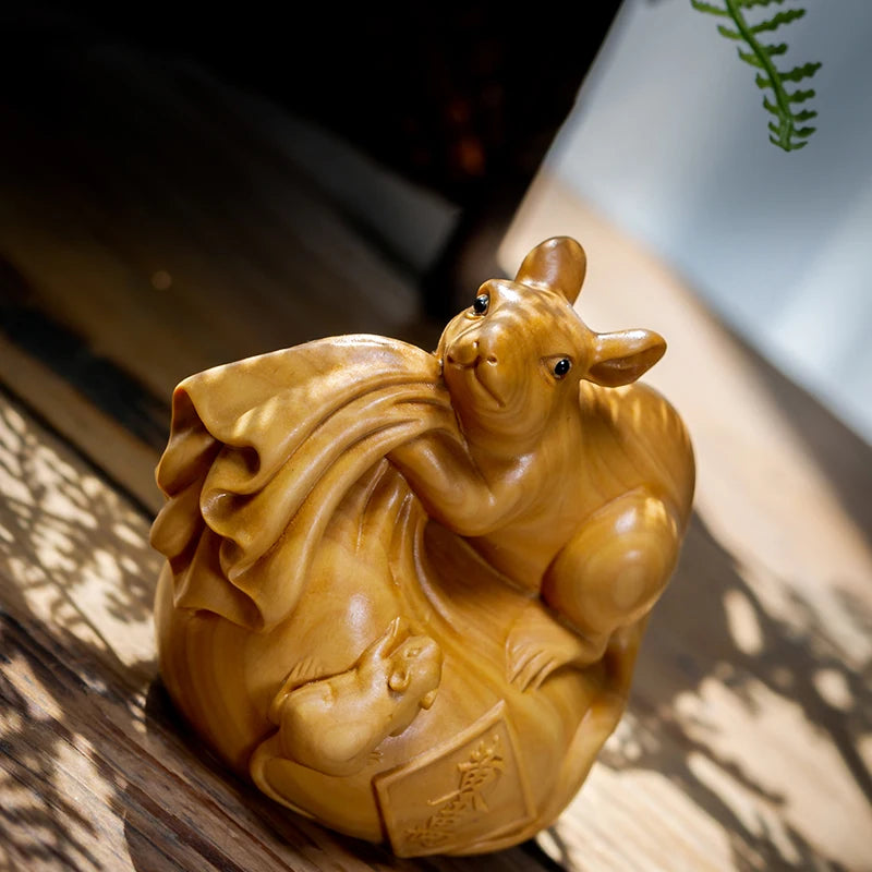 Boxwood 7cm Mouse Sculpture Wood Carving Animal Rat Lucky Home Chinese Zodiac Home Decor