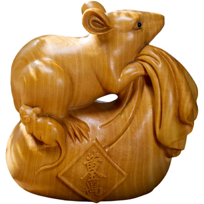 Boxwood 7cm Mouse Sculpture Wood Carving Animal Rat Lucky Home Chinese Zodiac Home Decor