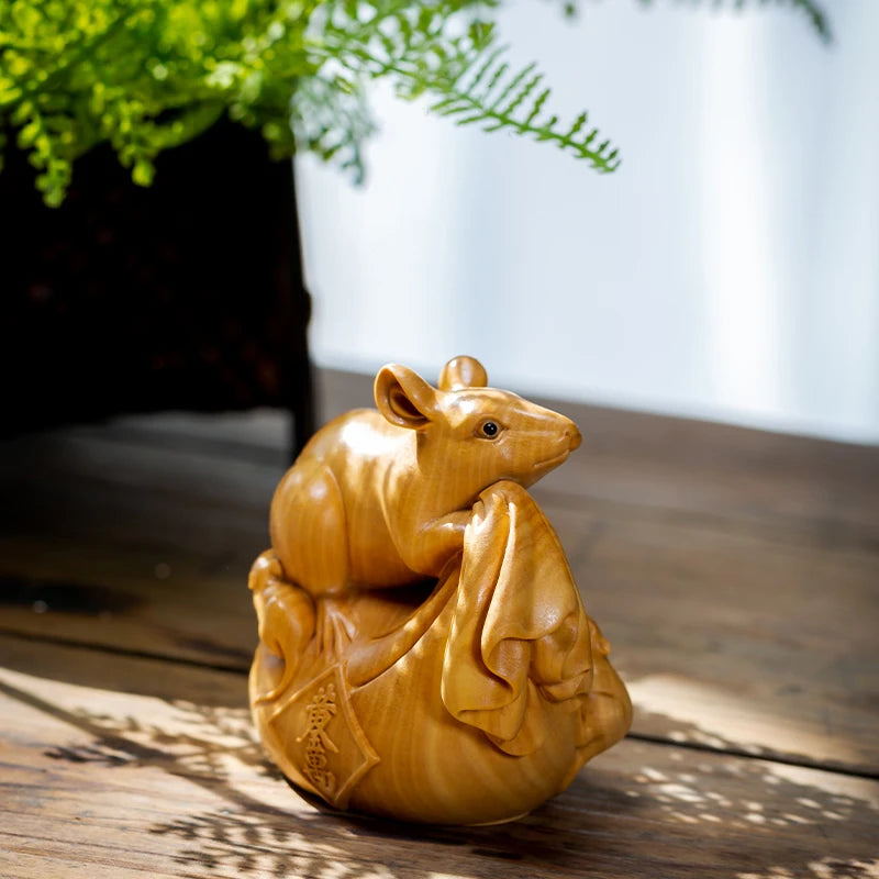 Boxwood 7cm Mouse Sculpture Wood Carving Animal Rat Lucky Home Chinese Zodiac Home Decor